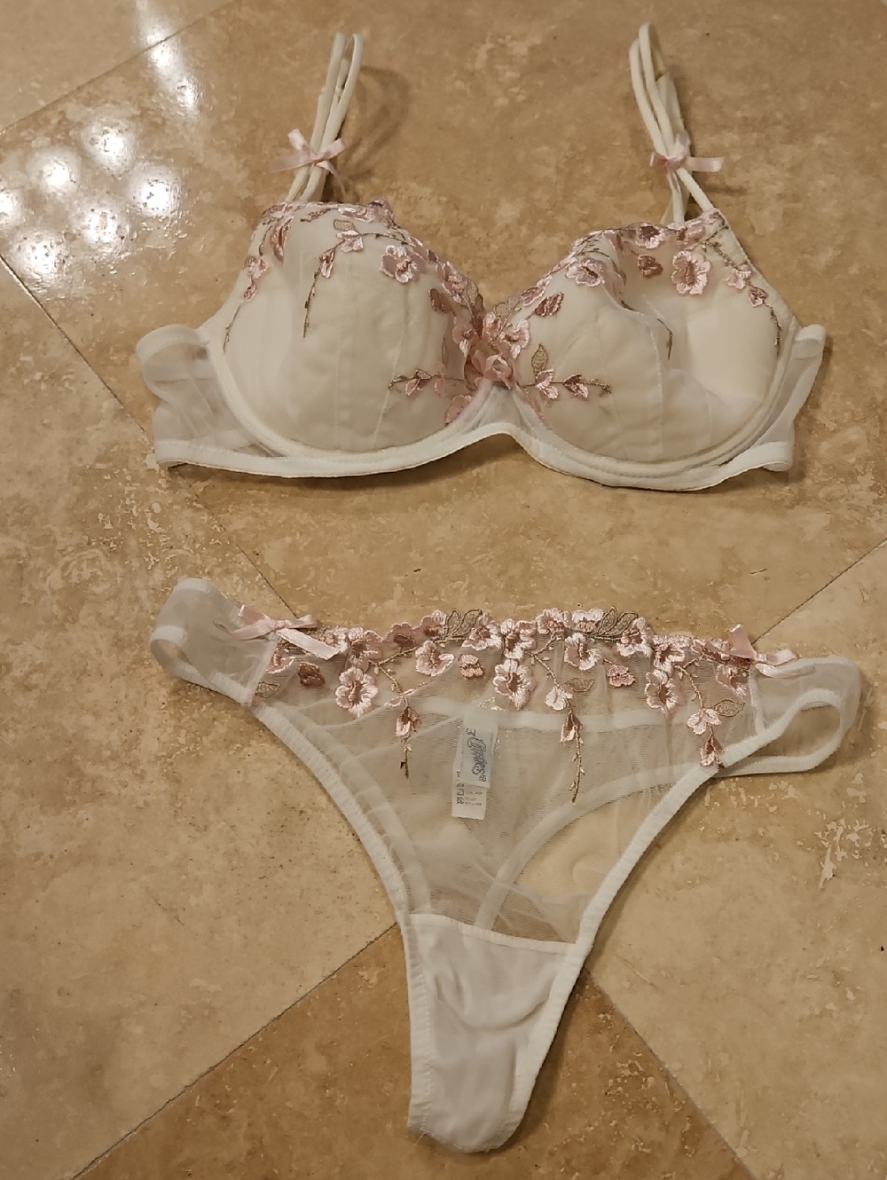 CHRISTIES Sheer Cream Bra & Thong Set with Pink Floral Embroidery